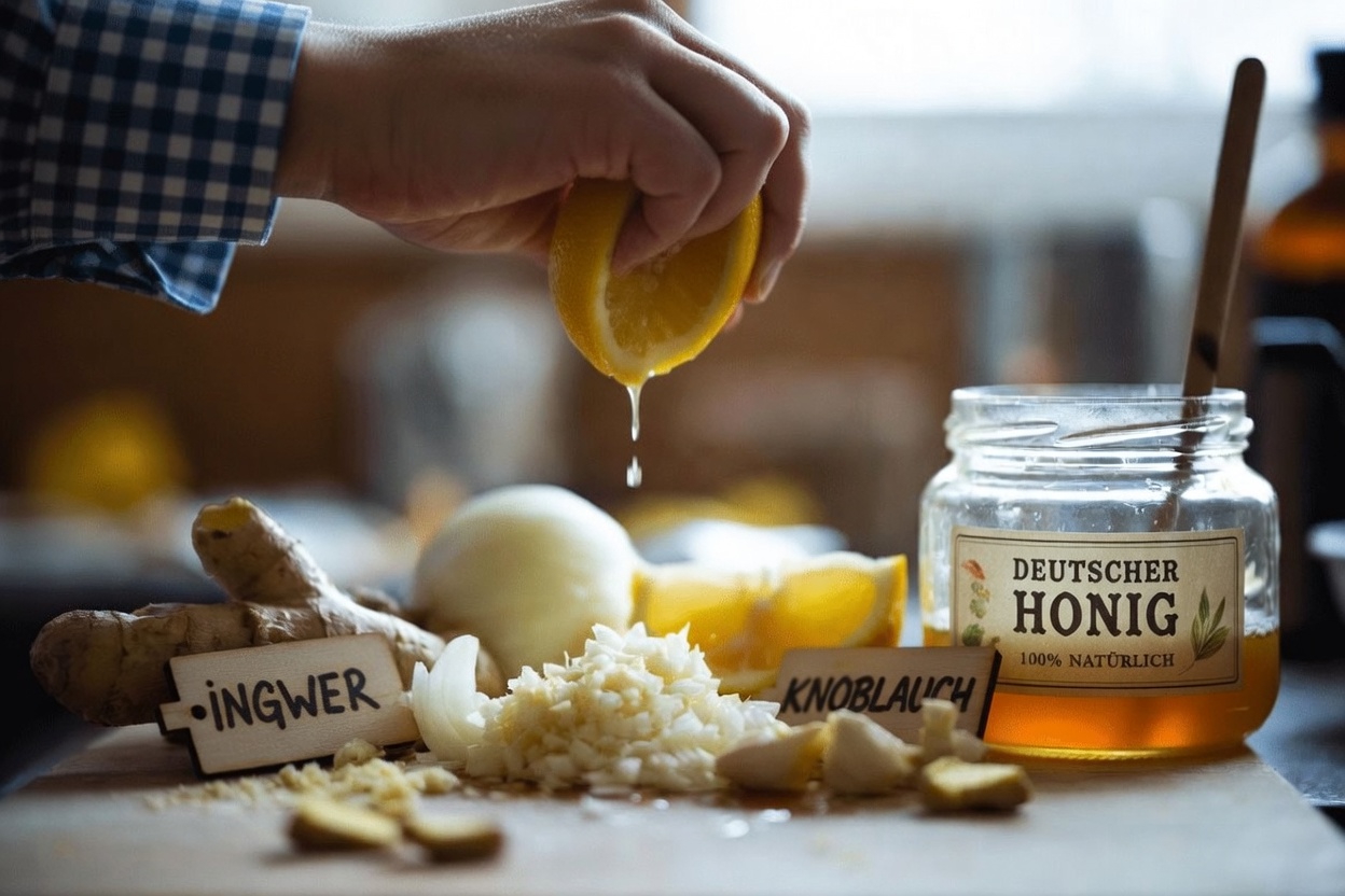 Haben Sie diese einfache Küchenmischung aus geriebenem Ingwer, Zwiebel, Knoblauch, Zitronensaft und Honig schon ausprobiert?