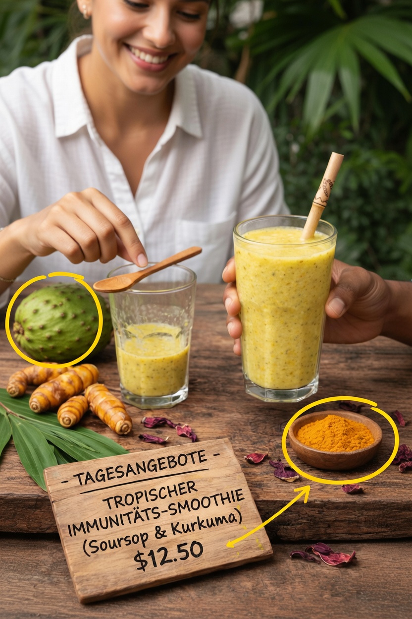 Wie man zu Hause Schritt für Schritt einen köstlichen tropischen Immunitäts-Smoothie mit Stachelannone und Kurkuma zubereitet