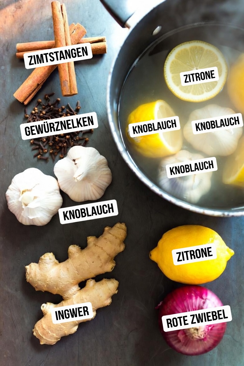 Einfache selbstgemachte Kräuterinfusion: Zimt, Nelken, Knoblauch, Ingwer, Zitrone und Zwiebel zusammen entdecken