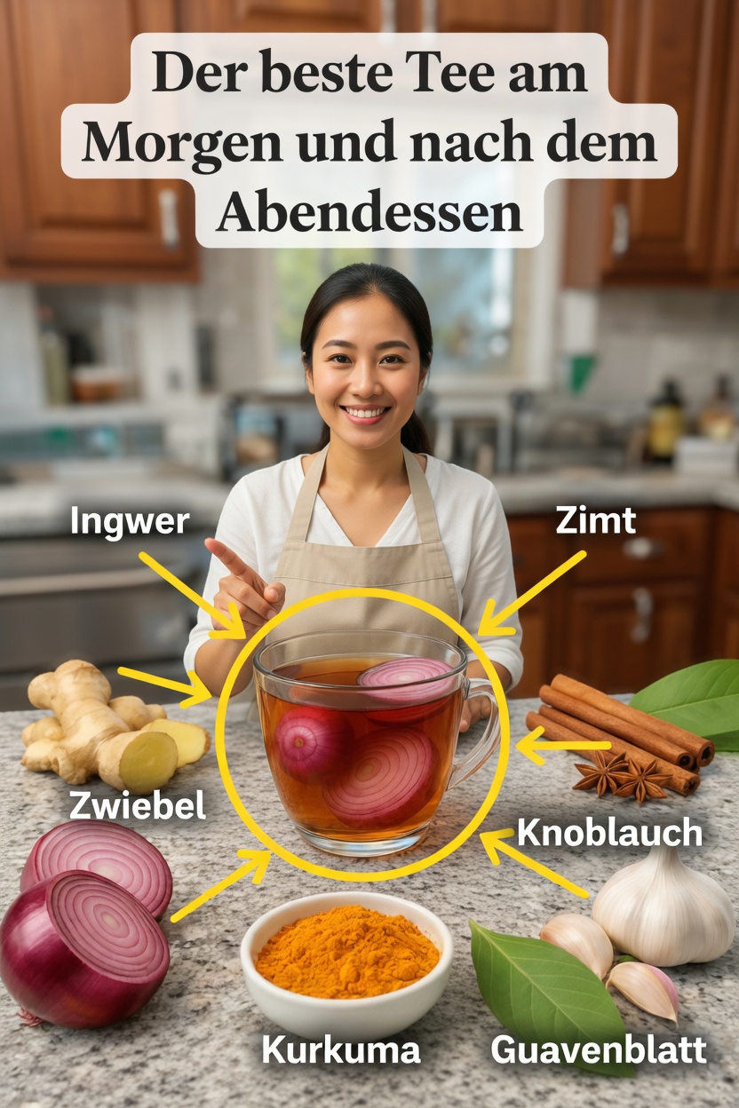 Das Rezept für Morgen- und Nach-dem-Abendessen-Tee mit Ingwer, Kurkuma, Zwiebel, Knoblauch, Zimt und Guavenblatt