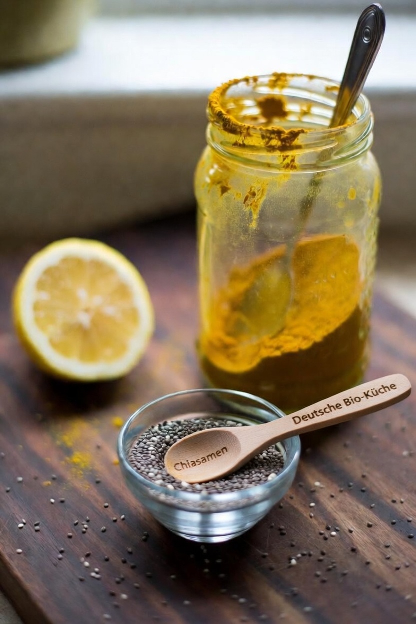 Eine einfache Morgenroutine: Ein erfrischendes Getränk mit Kurkuma, Zitrone, Honig und Chiasamen entdecken