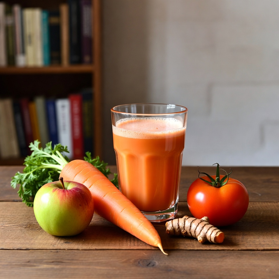 Entdecke die Kraft eines einfachen Smoothies aus Apfel, Karotte, Tomate und Kurkuma zur Unterstützung von Augen und Gehirn