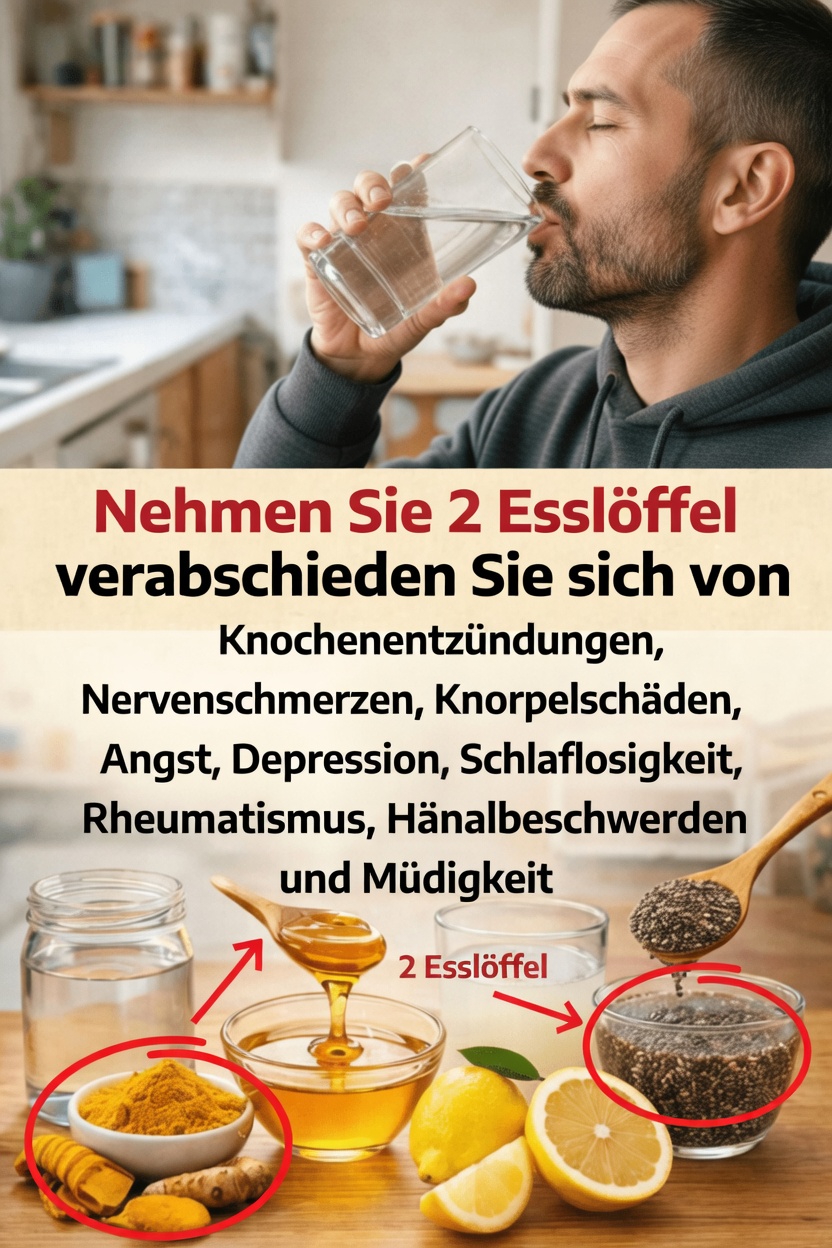 Entdecke diese beliebte Morgenmischung mit zwei Esslöffeln Kurkuma, Ingwer, Zitrone, Honig und Chiasamen