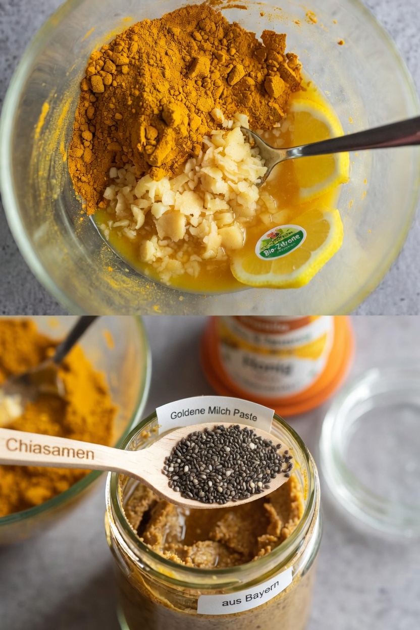 Entdecke diese beliebte Morgenmischung mit zwei Esslöffeln Kurkuma, Ingwer, Zitrone, Honig und Chiasamen