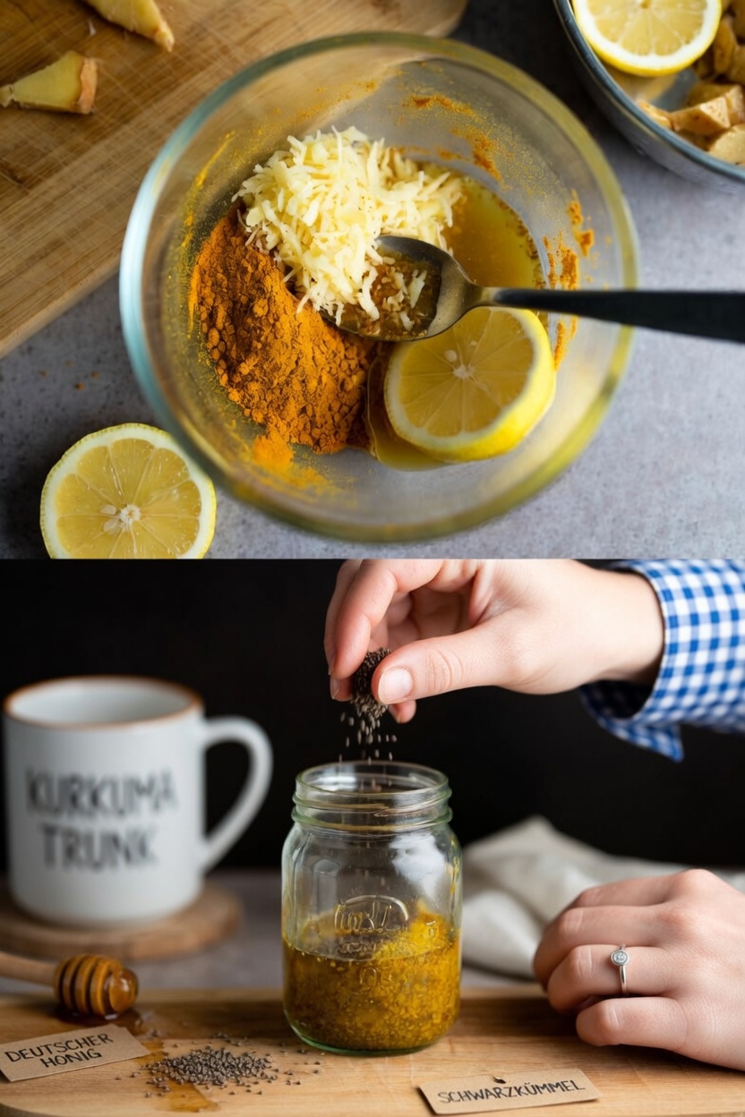 Entdecke diese beliebte Morgenmischung mit zwei Esslöffeln Kurkuma, Ingwer, Zitrone, Honig und Chiasamen