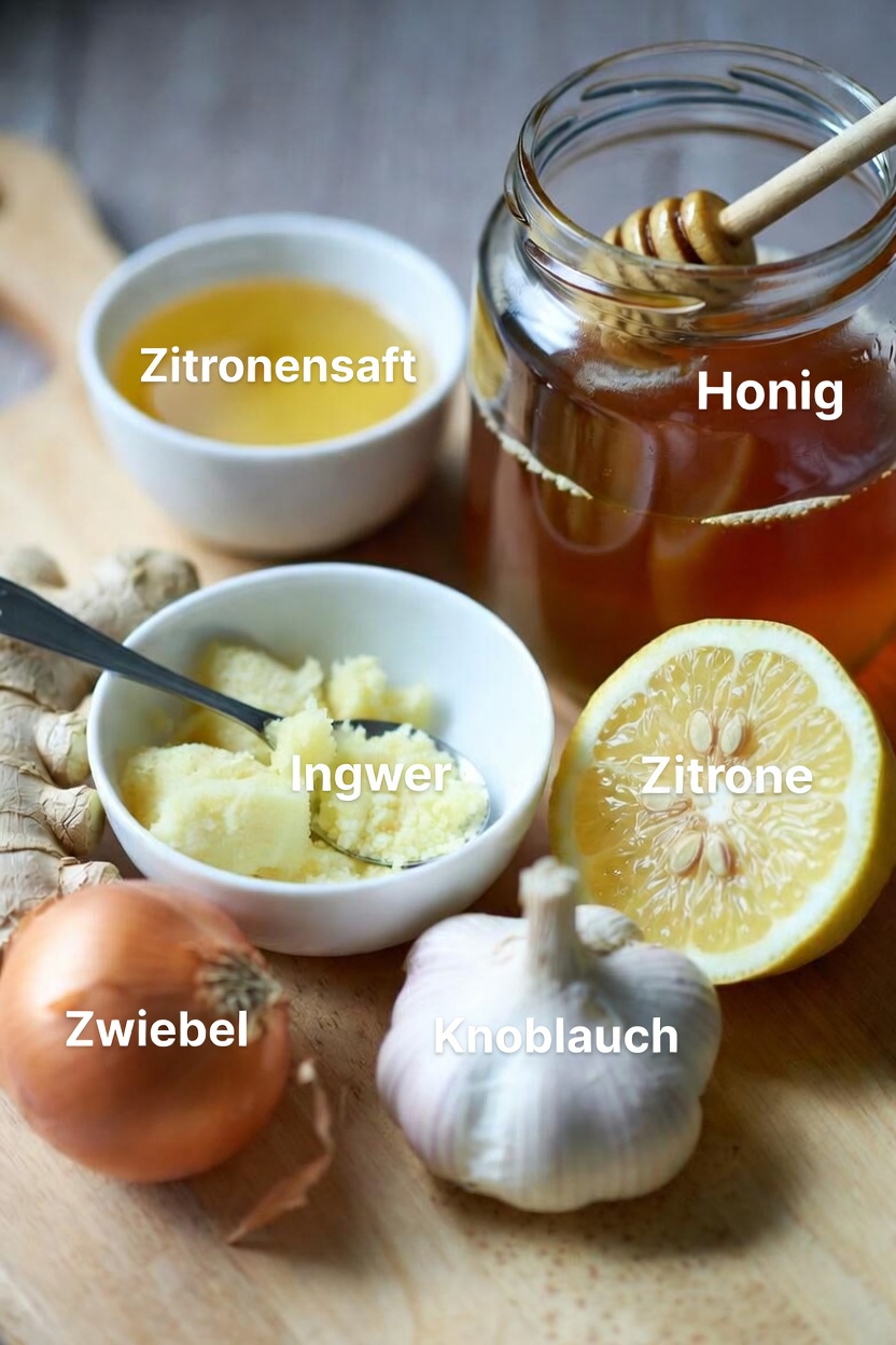 Einfache Anleitung zur Zubereitung einer Mischung aus geriebenem Ingwer, Zwiebel, Knoblauch, Zitronensaft und Honig zu Hause