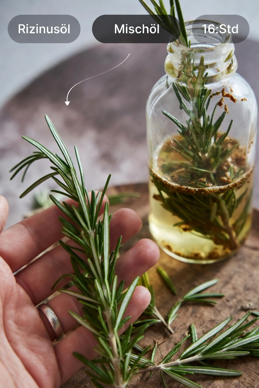 Entdecken Sie, wie Sie zu Hause eine Mischung aus Rizinusöl und Rosmarin für Ihre wöchentliche Wellness-Routine zubereiten können