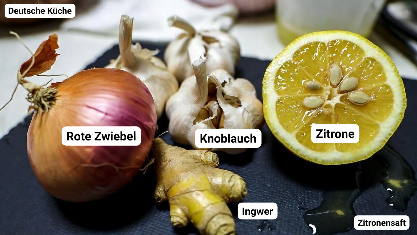 Entdecken Sie die alltägliche Kraft von roten Zwiebeln, Knoblauch, Ingwer und Zitronensaft in Ihrer Küchenroutine