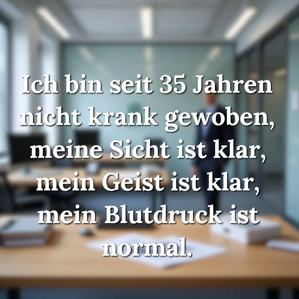 Ich war seit 35 Jahren nicht mehr krank, mein Sehvermögen ist klar, mein Geist ist klar, mein Blutdruck ist normal.