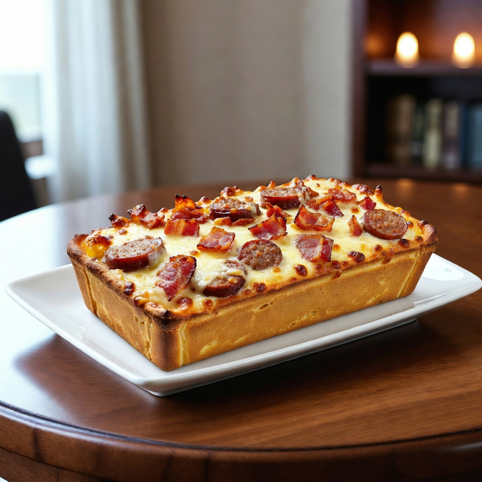 Käsiger Frühstücksauflauf mit Speck und Wurst