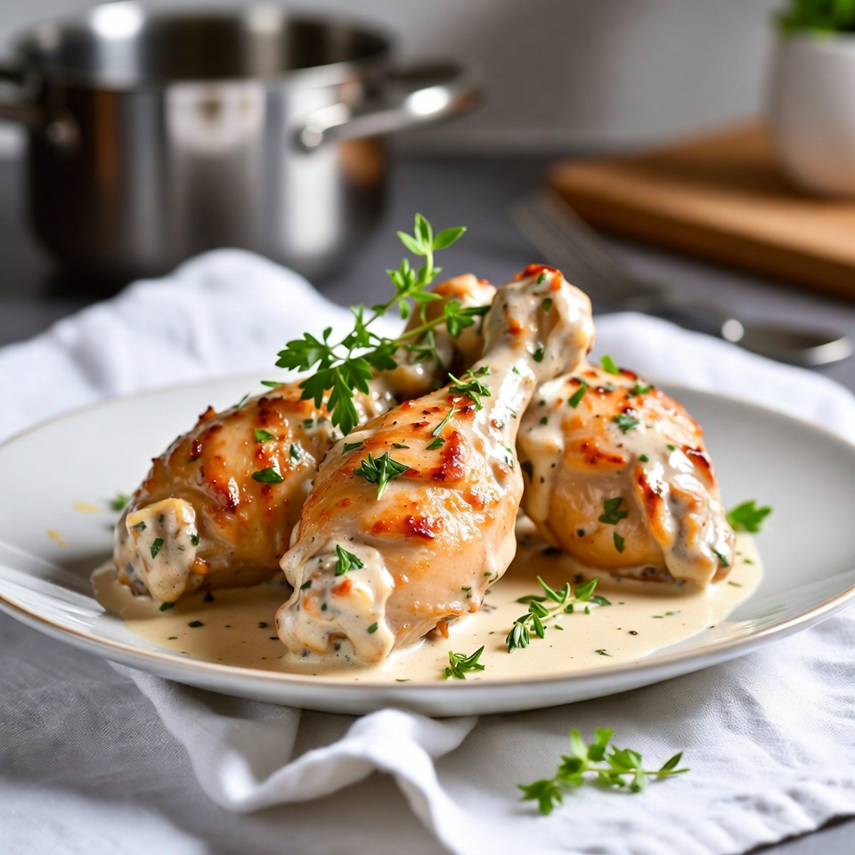 Cremige Knoblauch-Hähnchenkeulen mit Kräutern Rezept